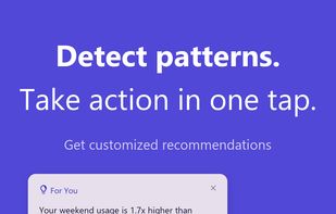 Personalized insight cards: weekend usage flagged as 1.7x higher than weekdays, a new app suggestion for YouTube, and a streak notification showing screen time down 61%. Weekly trend chart below.