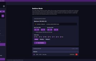 The Bedtime Mode screen, where you can set bedtimes for each day of the week. When a bedtime schedule is enabled, the Roku device will power off at the scheduled time and not allow any activity until the schedule's end time.