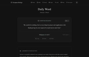 Daily devotional verse with reflection, translation switching, and related Scripture