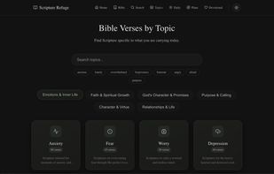 Browse 89 topical verse collections across 6 categories including anxiety, grief, hope, and faith
