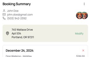 Scritches booking summary