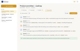 One-click anonymisation: every personal entity is replaced by a placeholder. Copy or download the anonymised transcript to share it without exposing personal data.