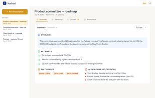 Automatic meeting summary: overview, key points, participants, actions and decisions. Copy it as plain text or Markdown for email, Notion or Jira.