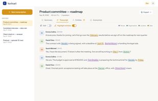 Speaker-separated transcript with timestamps. Click any block to edit it. Named entities (people, organisations, places, dates) are highlighted in one click.