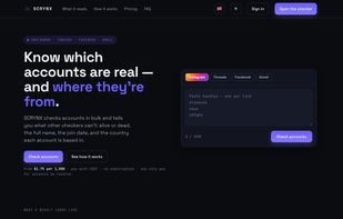 Landing page: paste handles, pick Instagram / Threads / Facebook / Gmail, check accounts
