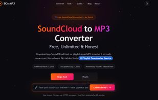"Main desktop dashboard of sctomp3, highlighting the high-fidelity SoundCloud to MP3 conversion utility with 320kbps support."
