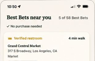 Best Bets list showing verified restrooms, distance and access notes for each location.