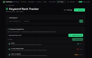 Keyword Rank Tracker — track up to 100 keywords daily with AI-powered keyword suggestions based on your content. See search volume and competition data.