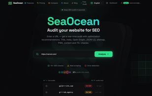 SeaOcean homepage — enter any URL to get a comprehensive SEO audit with 75+ checks in under 30 seconds. No signup required.