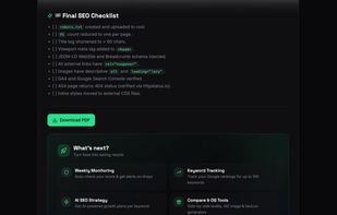 AI Fix Guide with prioritized checklist — step-by-step instructions and ready-to-use code snippets to fix every SEO issue found. Includes monitoring and rank tracking options.