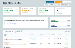 Secured Keywords view shows Savings Secured, Annualized Savings and your blocked keywords list. Every blocked keyword is sent live to your Google Ads Negative Keywords list, with the match type chosen for each. Blocked by mistake? Each blocking is reversible.
