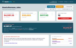 SearchSavior Dashboard, showing wasted spend, projected savings and AI-powered keyword match type recommendations.