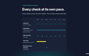 Every check at its own pace: weekly full crawl, Page Watch, robots.txt, sitemaps