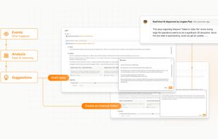 The agent workflow, where an incoming event is analyzed and the agent suggests a reply that the team reviews and approves.