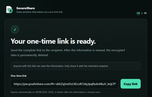 The encrypted information is ready to share using a one-time link.