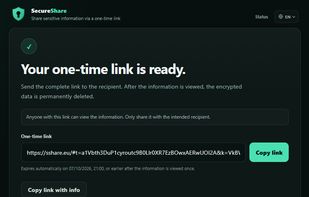 The encrypted information is ready to share using a one-time link.