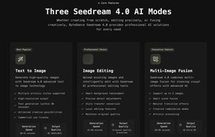Three creation modes: Text-to-image, precise mask editing, and multi-image fusion for designers, marketers, and indie makers.
