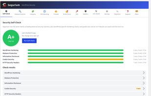 Security Self-Check: an A+ to F grade across hardening, malware, information disclosure, cookies and HTTP headers, with each failing check listed and fixable.