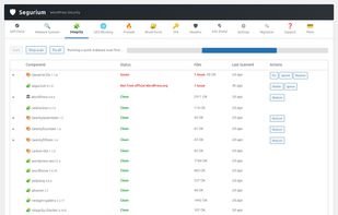Integrity scan: per-component status for core, plugins and themes, with Fix and Restore actions for files that drifted from the official source.