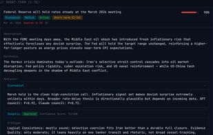 Daily forecast with probability, Skeptic review, and agent analyses