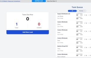 Dashboard - Daily call tasks and outreach queue to keep founders consistent with outbound sales.