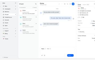 Every customer conversation in one inbox, with assignments, team inboxes and contact details.