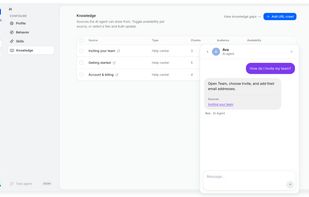 The AI agent answers from your help center, website and FAQs, and links the page it used.