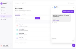 The chat widget sits inside your product. The AI answers first and your team takes over when it can't.