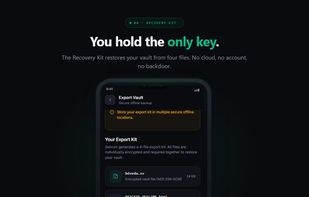 The Recovery Kit export screen — generates an offline HTML file that lets you recover your vault without the app.