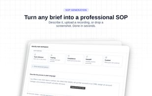 The SOP generation form with purpose options, a plain-language description field, and example prompts to get started quickly.

