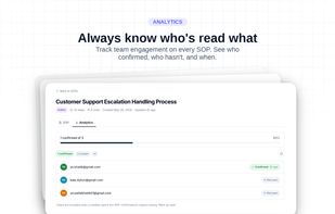 A SOP detail page showing the Analytics tab with a confirmation progress bar and a list of team members showing who has read the SOP and who has not.