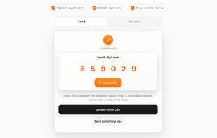 After sending, Sendaway generates a simple 6-digit pickup code for the recipient.