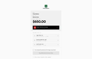 The client confirms they've reviewed the preview, then pays, files unlock instantly after payment.
