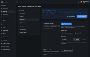 Sharing and download controls for client delivery links.