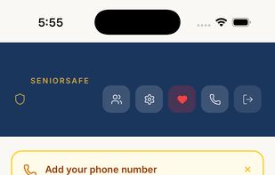 The senior's home screen. One tap on "I'm Okay Today" sends a check-in to the family. Speed Dial keeps adult children one tap away. Red SOS for emergencies.