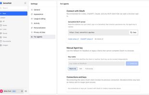 For agents: MCP endpoint, OAuth connections, and tiered Agent keys (read-only / edit / full)