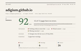 The report of a second run on a demo site: health score, top issues and the number of changes since the last run