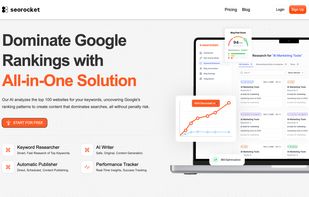Screenshot of the homepage displaying an overview of the all-in-one SEO solution, including navigation links to Keyword Researcher, AI Writer, Automatic Publisher, and Performance Tracker, with a call-to-action button to start for free.