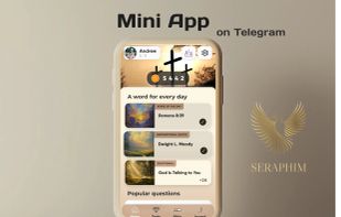 SERAPHIM mini-app on Telegram: Daily Bible verses, inspirational quotes, devotionals, and task tracking with rewards, all in a clean interface.
