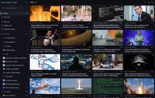 Card grid view of the article list with the sidebar showing organized feeds and folders — dense, terminal-inspired layout in the default Jade Night dark theme.