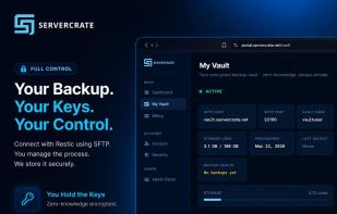 ServerCrate dashboard with encrypted backup vaults, usage, and storage overview.