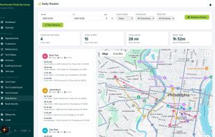 Route optimization: stops sequenced automatically with drive time and service density mapping.