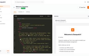 Edit HTML email templates in a syntax-highlighted code editor (left) while seeing a live rendered preview (right). Toggle between desktop, mobile, and plain text views. Choose from multiple editor themes including Monokai, VS Light, and more.