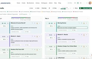 The overview: the whole programme on one page, days side by side, times and topics only.