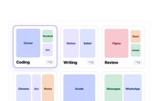 Menu bar popover with saved layouts, applied with one click.