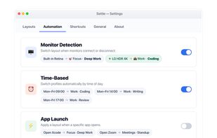 Automation rules: monitor detection, time of day and app launch triggers.