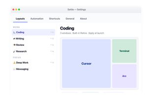 Layouts settings: every saved layout with its apps and displays.