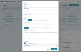 Create share links with an expiry date, specific permissions, an access limit and an optional password.