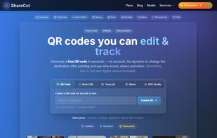 ShareCut home — create QR codes, short links, link-in-bio pages and digital menus in one place
