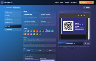 Print-ready materials (business cards, table tents, posters) generated from any QR code.